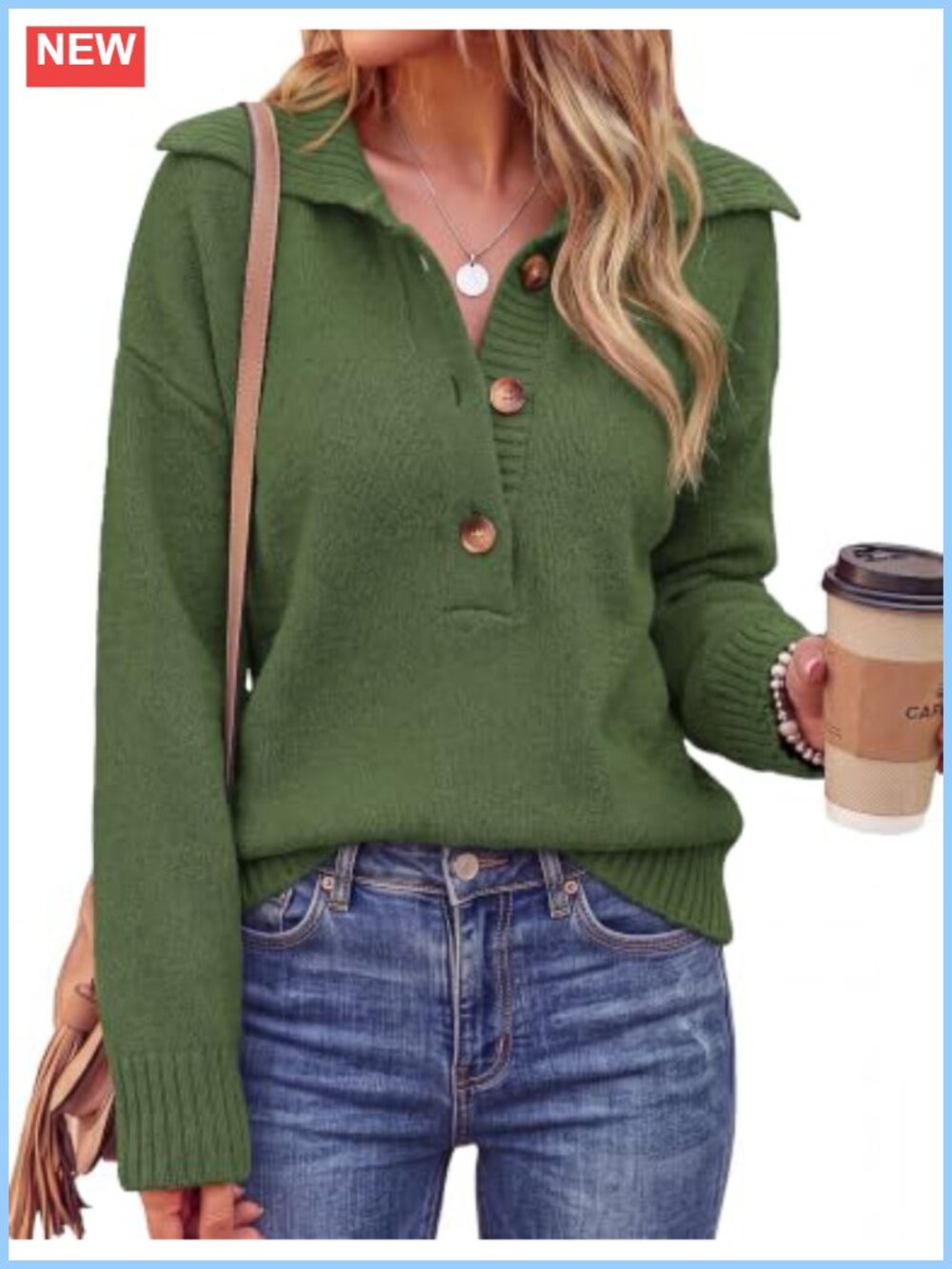 Womens Fall Long Sleeve Polo Sweater V-Neck Button Up Pullover Knit Top